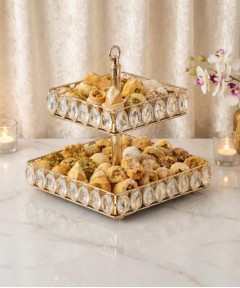 ZEYVE OVAL STONE DECORATIVE 2-TIER SQUARE SERVING DISH 26x24x24cm